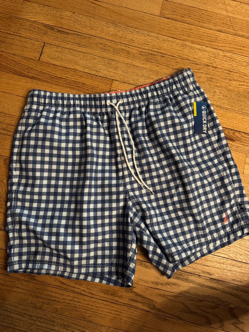 Nautica Men's Navy and White Gingham Swim Trunks
